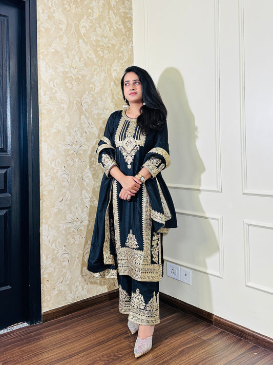 Black Pakistani Suit in Chiffon with Elegant Zardozi Work