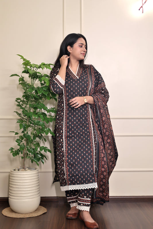 Ebony Luxe - Black Printed Kurta Set with Dupatta