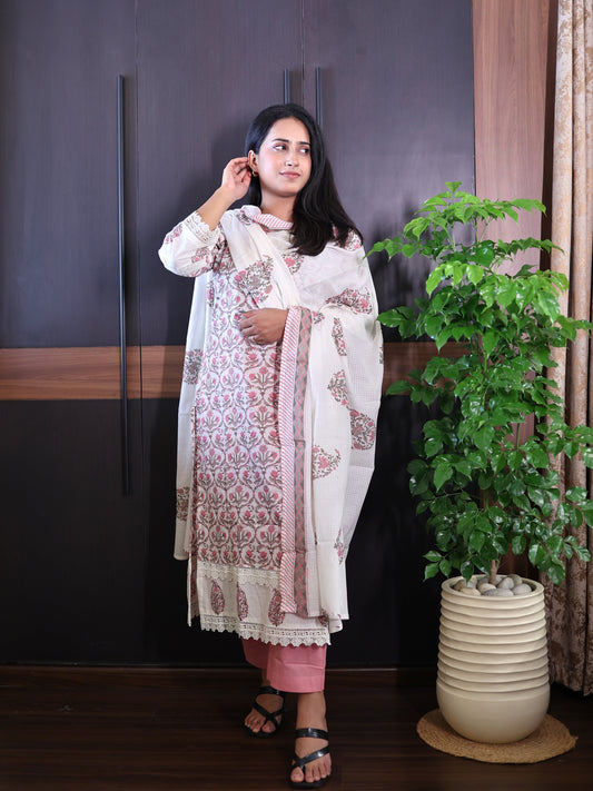 Floral Reverie - Flower Printed Mul Cotton Kurta Set With Dupatta