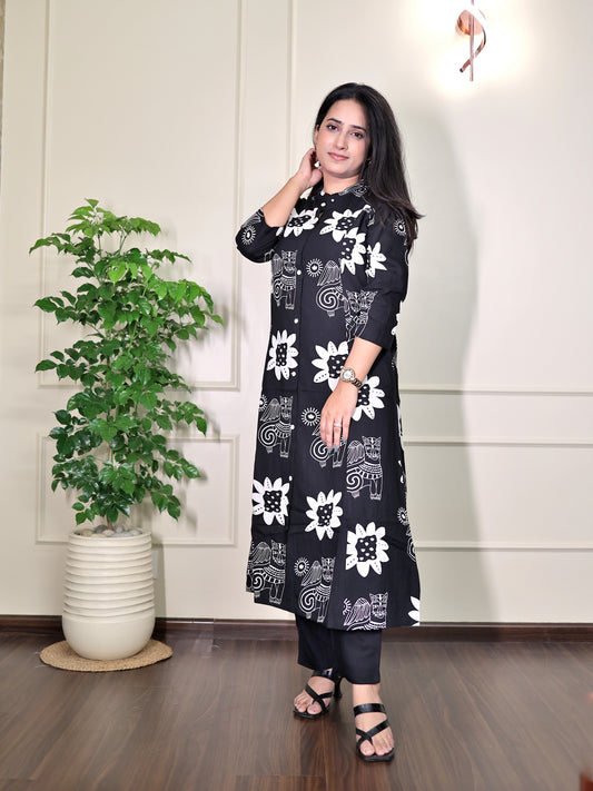 Noir Royale - Black Modern Printed Kurta With Pants