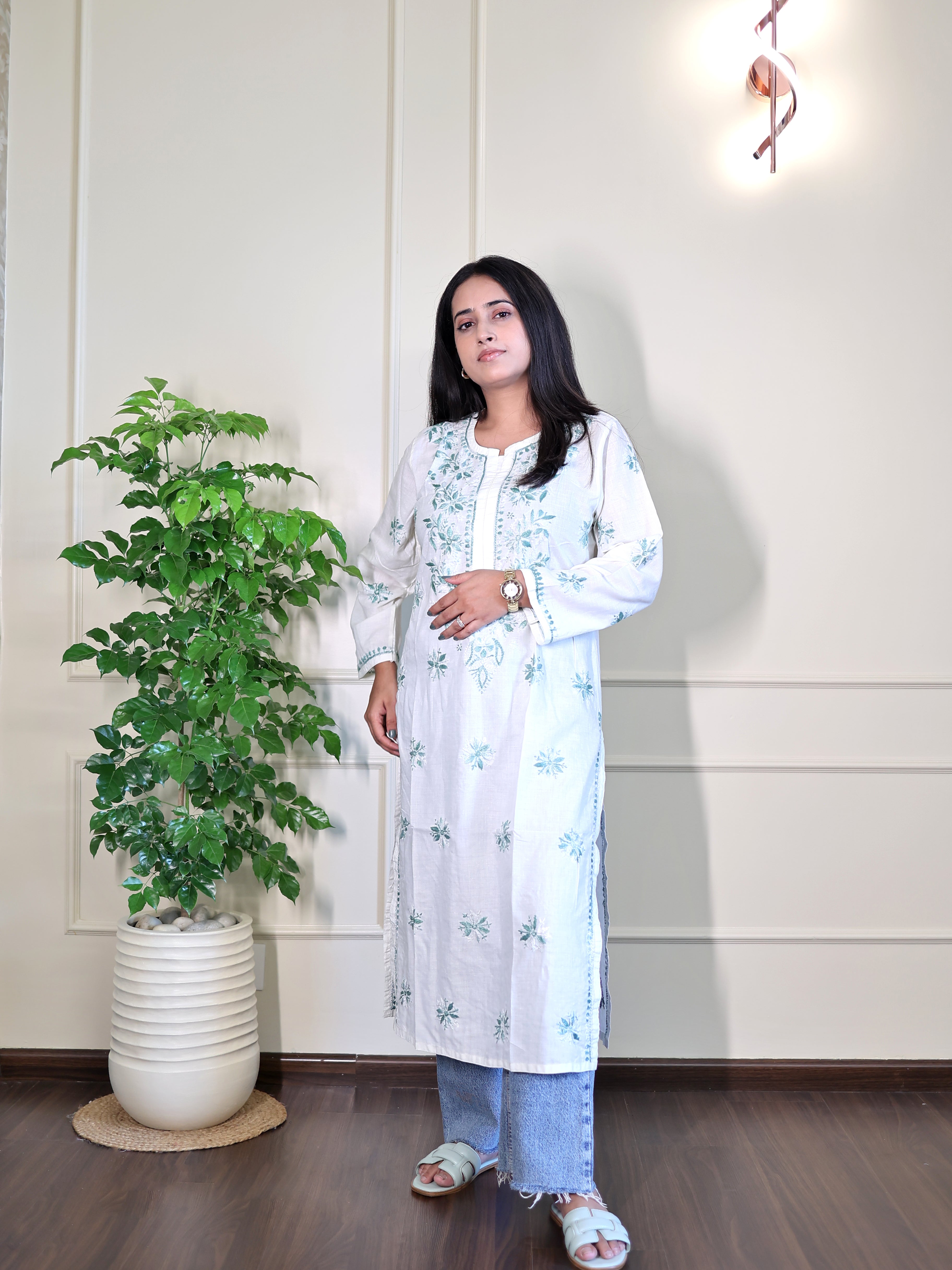 Emerald Whisper - White Chikankari Kurta with Green Thread Work