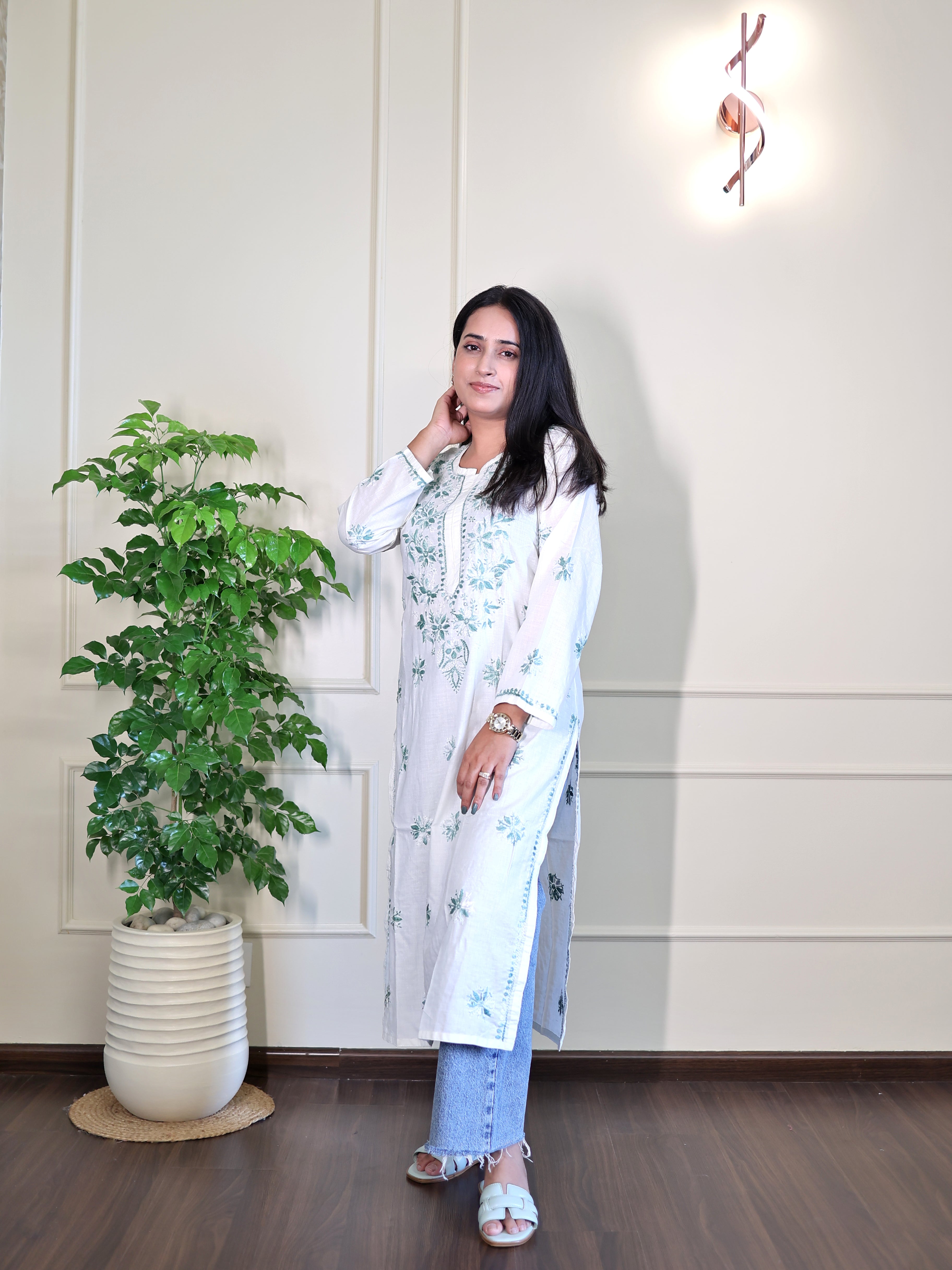 Emerald Whisper - White Chikankari Kurta with Green Thread Work