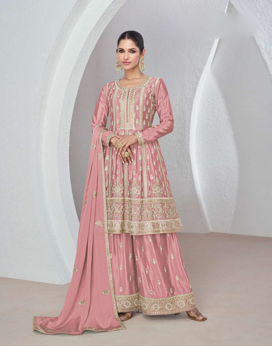 "Blush Pink Gotapatti Sharara Suit in Premium Chinnon Silk